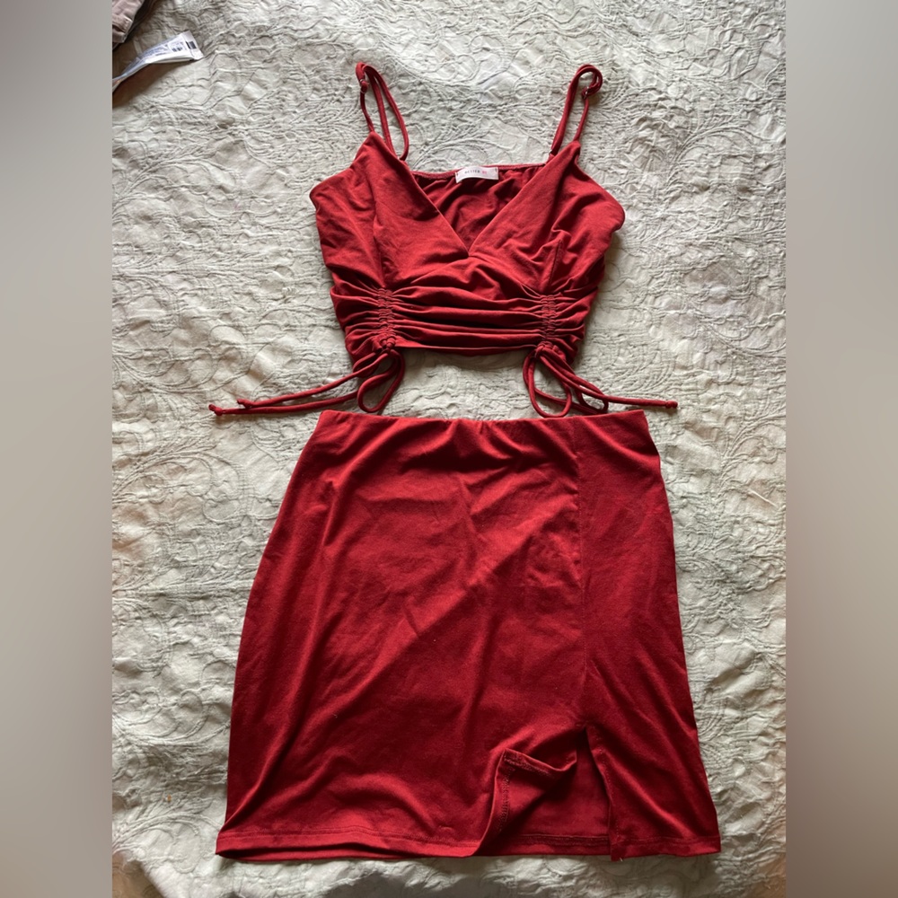 Two piece skirt crop shirt set burnt orange